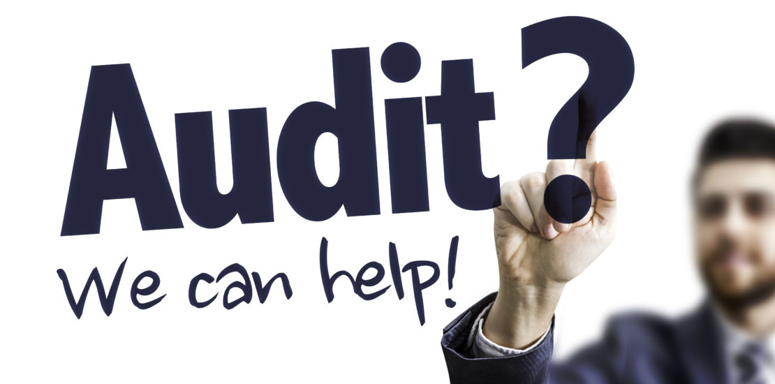 Business Man Pointing the Text: Audit? We Can Help!